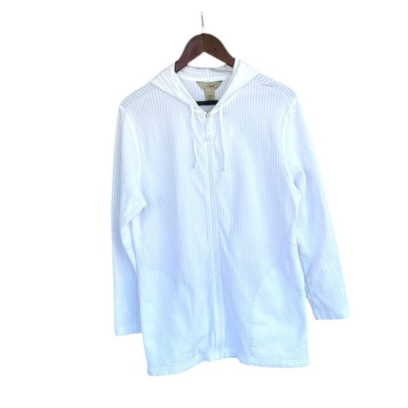 L.L. Bean White Waffle Knit Zip Hoodie 100% Peruvian Cotton Medium Women’s - Picture 1 of 10